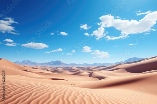 Rippling sand dunes in a wide desert landscape under a clear blue sky. Generative AI