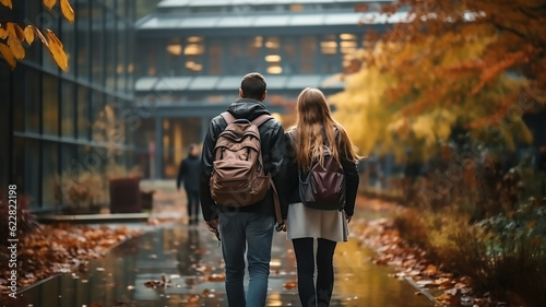 young adult couple students man and woman walk going to university