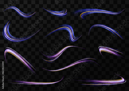 The effect of speed on a blue background. Abstract light lines of movement and speed with white color glitters. Image of speed motion on the road. 