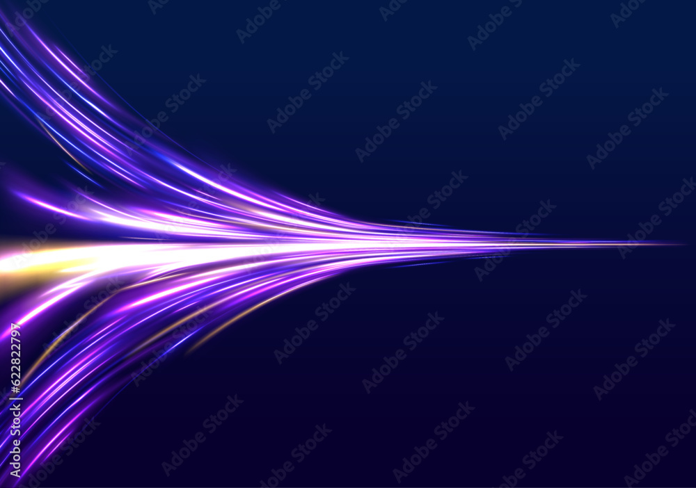 The effect of speed on a blue background. Abstract light lines of movement and speed with white color glitters. Image of speed motion on the road. 