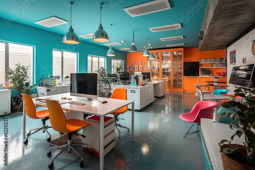 A cool pop art style office with bright flashy appliances and retro furniture. Generative AI