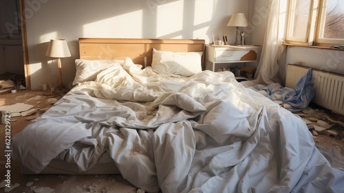  a messy bed with sheets and sheets on the floor in a bedroom. generative ai