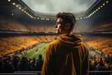A soccer fan audience standing in a packed stadium. Generative AI