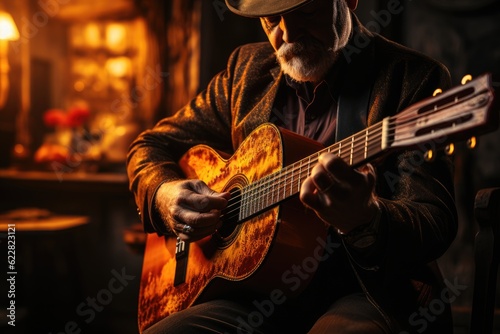 A musician tuning his vintage acoustic guitar in warm light. Generative AI