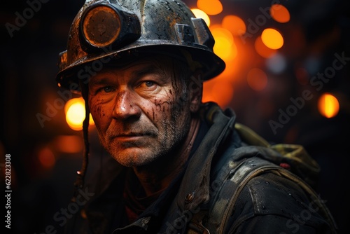 Miner exiting a coal mine covered in dirt and soot. Generative AI