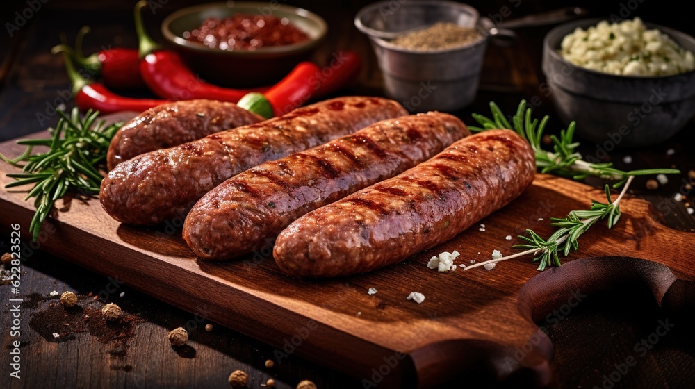  three sausages on a cutting board with spices and seasoning.  generative ai