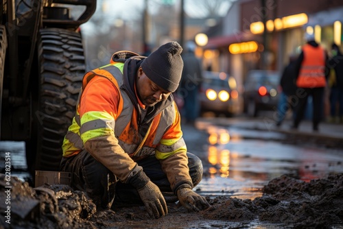 Road worker filling a pothole in an urban environment. Generative AI