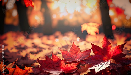 Red maple leaves on the ground with a bokeh effect defocused background  Generative AI