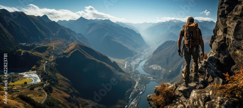 Mountaineer on a steep cliff with stunning view of the mountains in the background. Generative AI