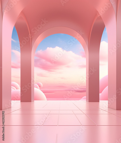 Abstract futuristic metaverse background with sky and columns in pink tones.