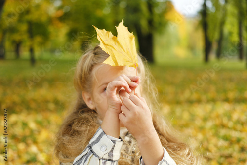 Close up portrait of playful adorable child girl  having fun on a walk at beautiful autumn park  posing on camera with yellow leaves covering her face.
