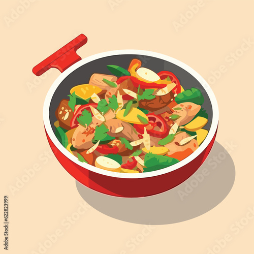 Chicken stir fry isometric vector flat isolated illustration