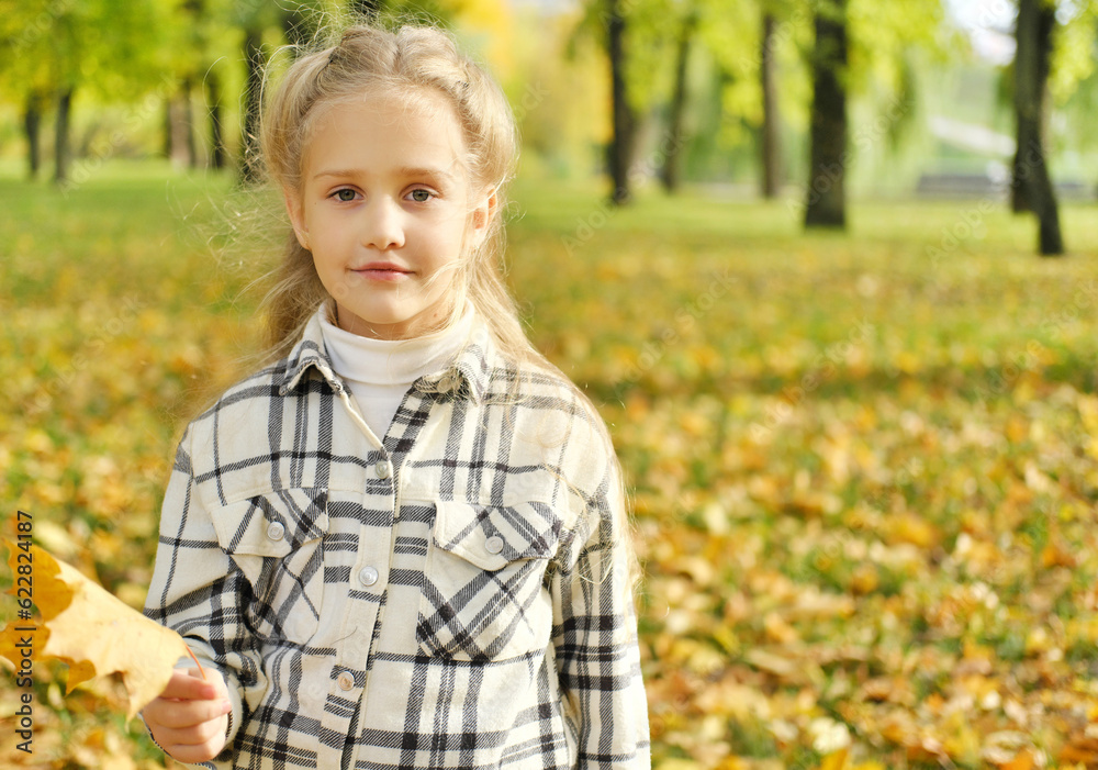 A little preschool blonde girl holds an autumn leaf in her hands, smiles and looks at the camera A little preschool blonde girl holds an autumn leaf in her hands, smiles and looks at the camera