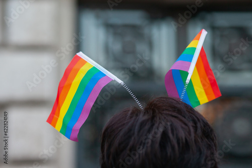 Rainbow flag at Pride parade, symbol of LGBTQ community