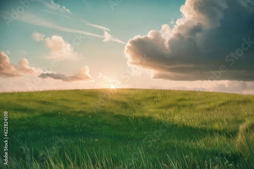 Beautiful field with a green grass and sky on horizon