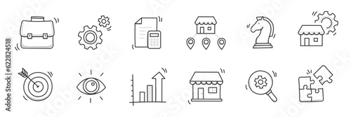 Business sme doodle icon set. Small, medium enterprise business hand drawn doodle sketch style icon. Local partnership, economic strategy, franchise concept. Vector illustration.