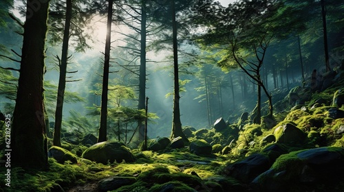  a forest filled with lots of trees and green moss covered rocks.  generative ai