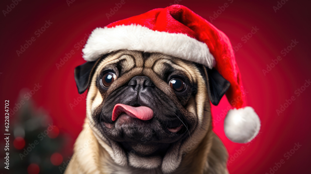 dog in santa christmas hat, generative ai
