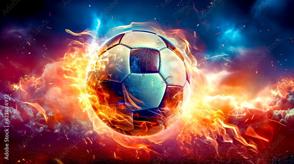 Fototapeta premium football ball in a colorful explosion of fire energy and movement, sports performance, made with Generative AI