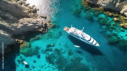  a boat floating in a body of water next to a rocky shore. generative ai