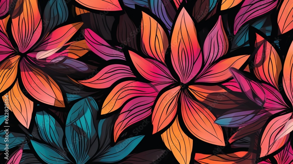 a bunch of flowers that are on a black background with red, orange, and blue leaves. generative ai a bunch of flowers that are on a black background with red, orange, and blue leaves. generative ai