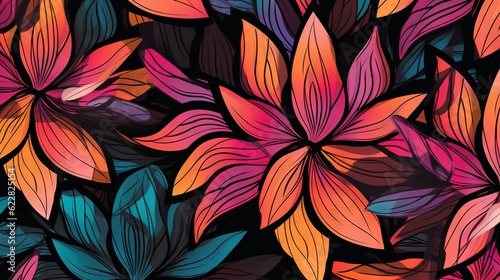  a bunch of flowers that are on a black background with red, orange, and blue leaves. generative ai