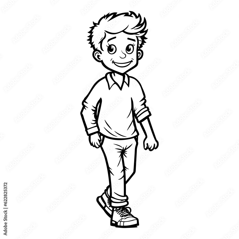Happy Boy waking coloring page. Back to school concept. Vector illustration