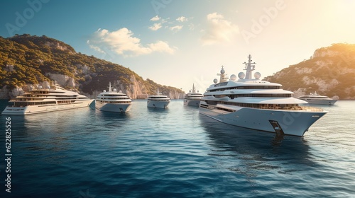  a group of yachts in the water near a mountain.  generative ai