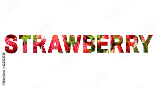 Inscription (text) "STRAWBERRY" made of photo of strawberries, illustration on a white background