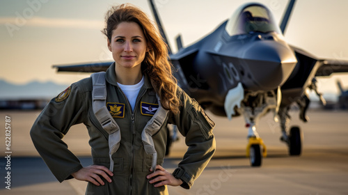Beautiful woman Pilot in front of stealth fighter plane
