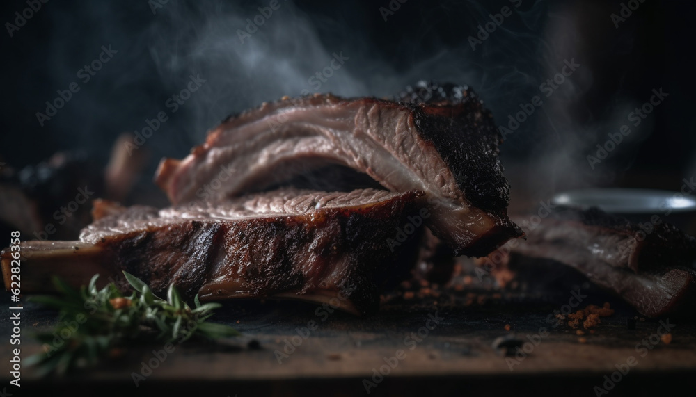 Obraz premium Grilled pork steak on rustic plate, ready to eat generated by AI
