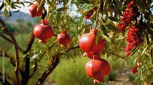  a bunch of pomegranates hanging from a tree. generative ai