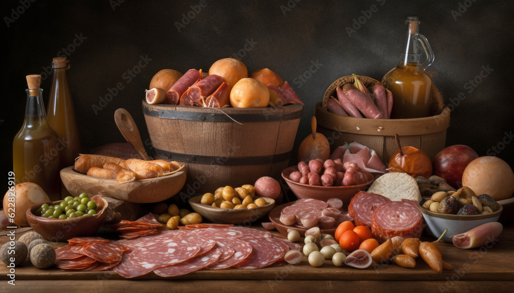 Abundance of gourmet meat and nut tapas generated by AI