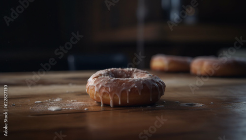 Sweet donut snack on rustic wood table generated by AI