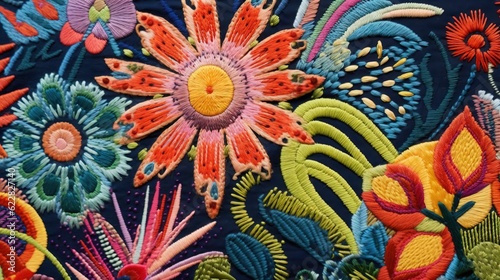  a close up of a colorful embroidered piece of cloth with flowers. generative ai