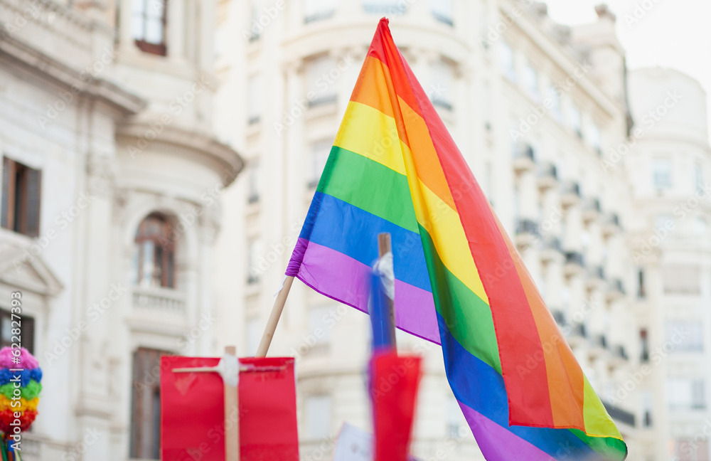 Fototapeta premium Rainbow flag at Pride parade, symbol of LGBTQ community