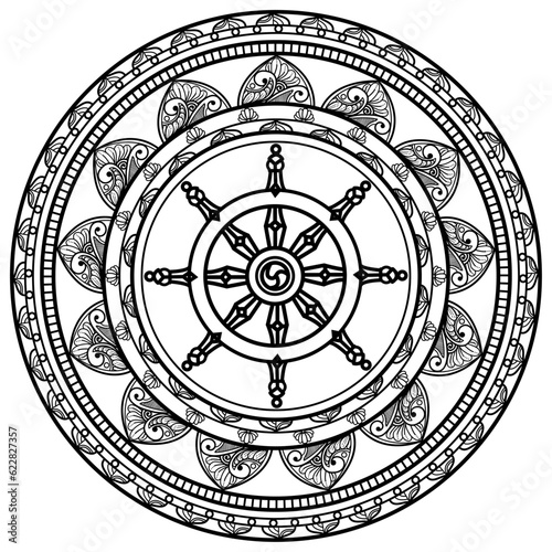 Vector illustration of mandala with wheel buddhist symbol for coloring adult book antistress, mandala vettoriale con ruota simbolo buddista da colorare per libro adulti antistress photo