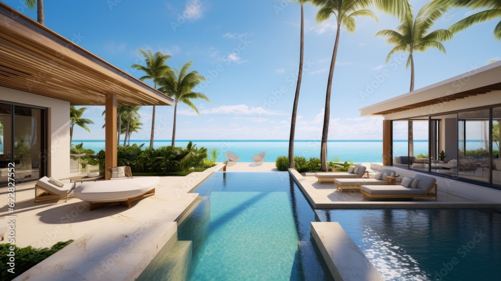 Fototapeta premium Villa in a prime oceanfront location in Miami, offering stunning views of the Atlantic Ocean and access to beaches