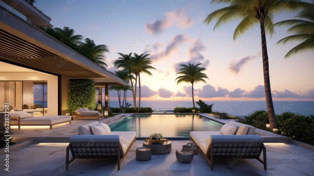 Fototapeta premium Villa in a prime oceanfront location in Miami, offering stunning views of the Atlantic Ocean and access to beaches