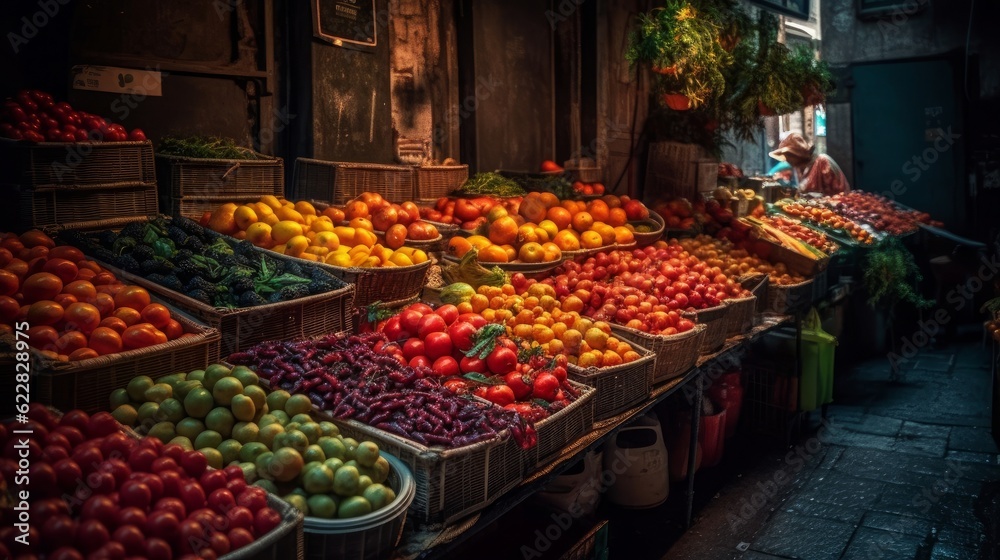 Nutritious Harvest: Fresh Fruits & Organic Vegetables at the Green Market Stall, generative AI