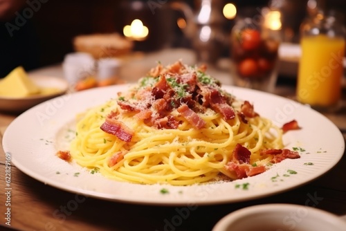 Traditional italian pasta spaghetti alla carbonara with becon, cheese and agg yolk - Generative AI