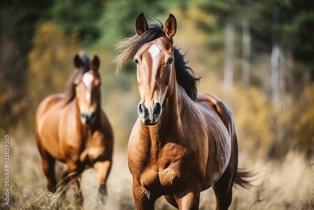 Obraz premium Wild jump bay horses in the wilderness