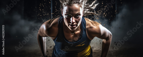 Female athlete or sprinter run in fron of camera. black background