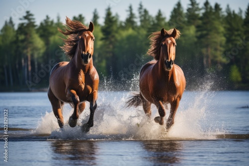 Wild jump bay horses in the wilderness