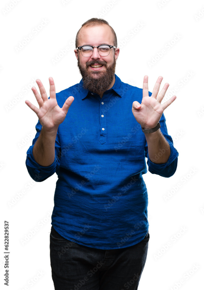 Fototapeta premium Young caucasian hipster man wearing glasses over isolated background showing and pointing up with fingers number nine while smiling confident and happy.