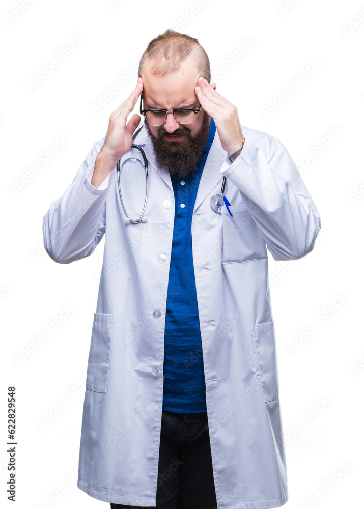 Young caucasian doctor man wearing medical white coat over isolated background with hand on head for pain in head because stress. Suffering migraine. Young caucasian doctor man wearing medical white coat over isolated background with hand on head for pain in head because stress. Suffering migraine.