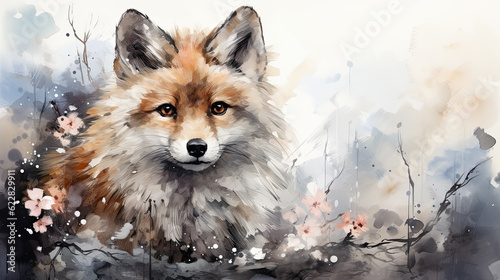 A painting of a fox in a field of flowers. Generative AI.