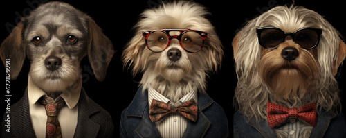 three dog heads with cool suits in row. wide banner