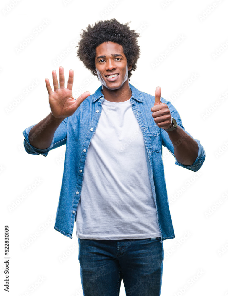 Afro american man over isolated background showing and pointing up with fingers number six while smiling confident and happy. Afro american man over isolated background showing and pointing up with fingers number six while smiling confident and happy.