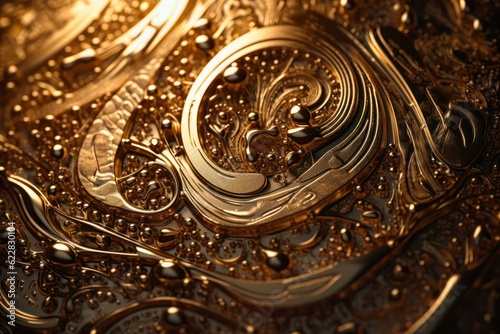 art background with the image of musical signs and elements of musical instruments made of gold metal, music made in metal on a black background. Generative AI 